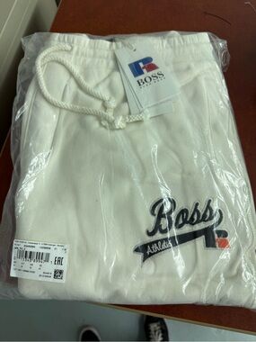 Boss White Logo Sweatpants with Navy & Red Detail